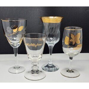 Mixed Mismatched Wine Cocktail Glass Floral Geometric Spirit Gold Floral VTG